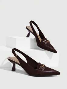 CUCCOO SZL Premium Brown Cloth Metal Buckle Pointed Toe Thin Heel Empty Shoes Commuting Versatile - Brown - View 1