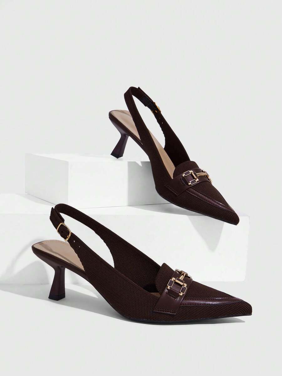 CUCCOO SZL Premium Brown Cloth Metal Buckle Pointed Toe Thin Heel Empty Shoes Commuting Versatile - Brown - View 1