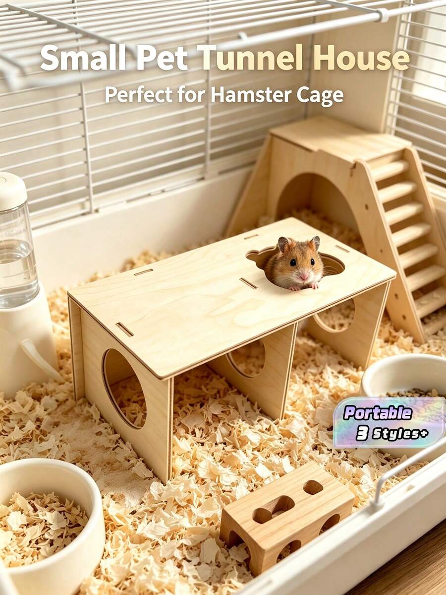 Beige Wooden Tunnel Hamster Cage, Solid Wood Platform Hamster Toy, Pet Habitat Decor Supplies For Small Pets - one-size - View 1