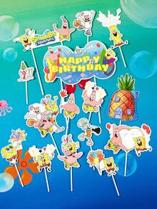 SpongeBob SquarePants | SHEIN 15 Buah Perlengkapan Dekorasi Pesta Ulang Tahun, Perlengkapan Dekorasi Kue Cupcake, Dekorasi Kue - MultiWarna - View 2