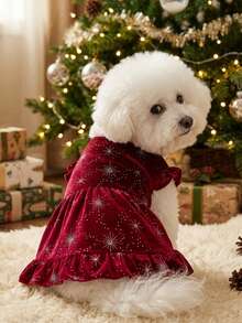 PETSIN 1pc Luxury Pet Velvet Snowflake & Star Print Dress, Christmas Outfit - Multicolor - View 4