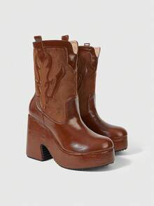 ROMWE Fairycore High Heel High Water Platform Western Women's Boots - Camel - View 2