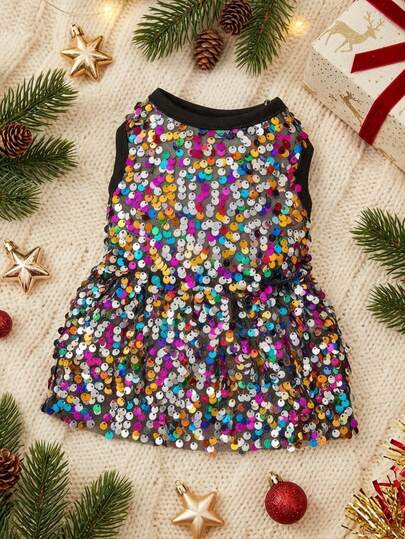 PETSIN Christmas Sequined Princess Dress For Pets, Sparkly Outfit For Parties