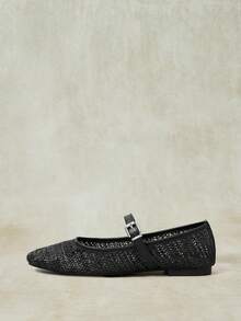 Styleloop Black Woven Mary Jane Shoes Women's Flat Bottom Breathable Hollow Buckle Belt Retro Shoes Fall Shoes - Black - View 3