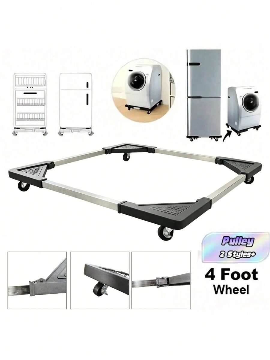 Four-Wheeled Stainless Steel Appliance Cart - Adjustable Mobile Roller Base, Suitable For Refrigerator, Washing Machine, And Dryer - Space-Saving Kitchen Storage Rack, Refrigerator, Mobile Base - Black - View 1