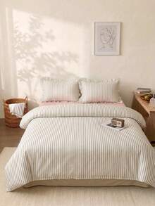 Cirelle 3pcs Cotton Striped Duvet Cover Set, French Vintage Striped Bedding Set With Ruffle Pillow Shams, Soft Breathable Comforter Cover (Duvet Cover No Ruffles, No Insert) - Broad white lotus leaf edge - View 2