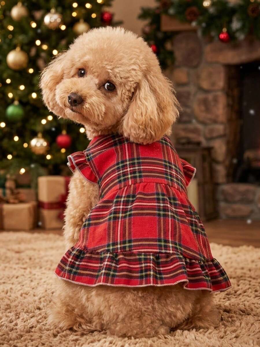 PETSIN 1pc Pet Christmas Plaid Ruffle Sleeve Dress - Multicolor - View 1