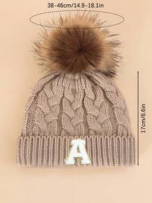 1PC Children's Apricot Hairball 26 Letters Cloth Patch Twist Knitted Autumn And Winter Cold Hat, Vertical Ribbed Flanged Autumn And Winter Pullover Ha - Apricot - View 2