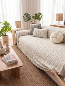 1Pc Autumn And Winter Plush Thickened Warm Sofa Cover Towel Is Suitable For Family Living Room And Other Room Decoration Non-Slip Machine Washable Hand Washed Sofa Cover Towel Soft Non-Fading Bedroom Decoration Pet Friendly Protective Cover - Light Grey - View 8