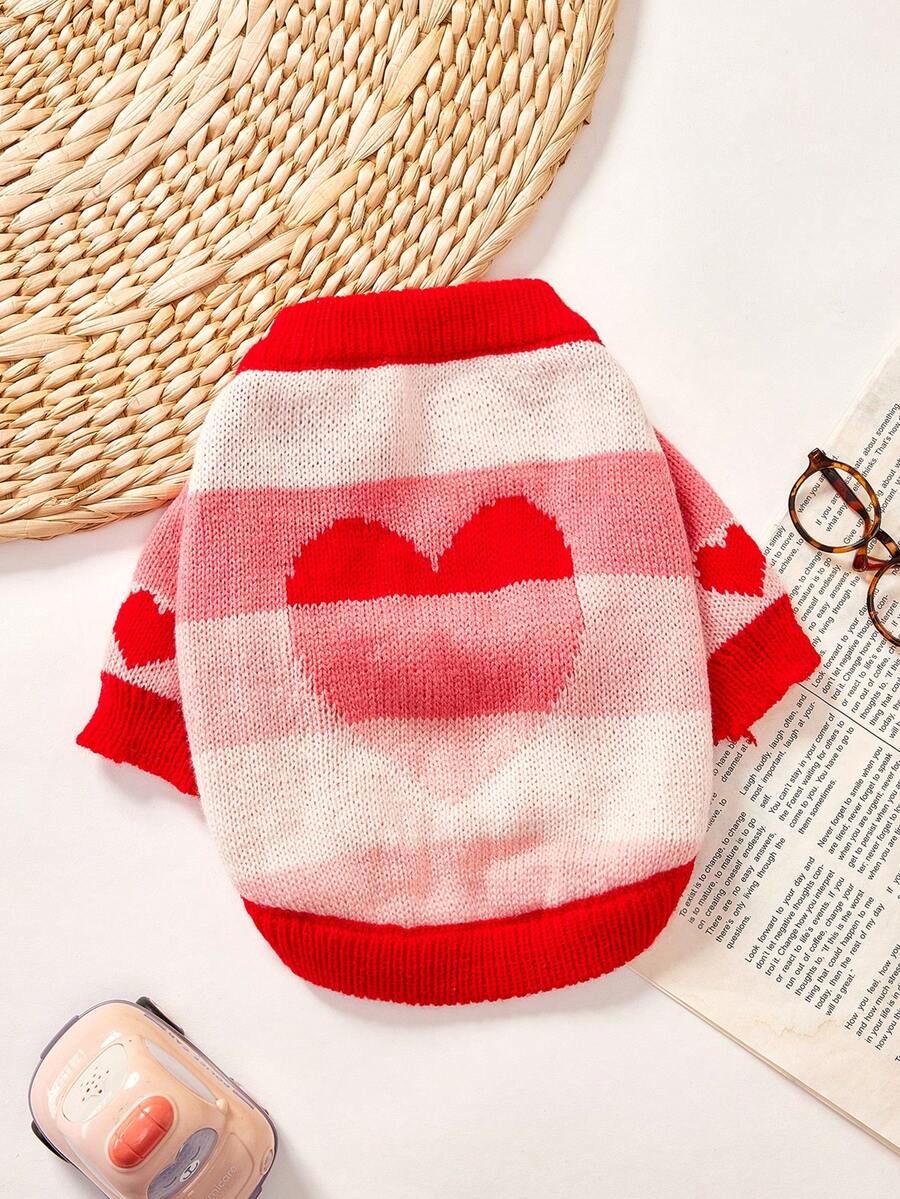 PETSIN 1pc Pet Sweater, Heart Gradient Jacquard Cat And Dog Universal Clothes, Autumn And Winter Warm Knitted Elastic Thread Sweater Pullover - Red and White - View 1