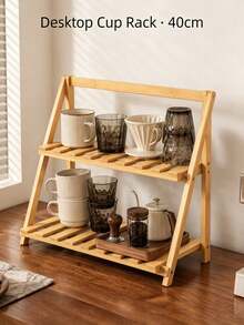 1pc Foldable 2‑Tier Bamboo Cup Storage Rack, No‑Assembly Countertop Coffee Mug Organizer, Slatted Desktop Display Shelf For Kitchen, Multiple Sizes & Colors - Multicolor - View 12