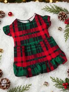 PETSIN 1pc Christmas Pet Red & Green Plaid Puff Sleeve Dress - Multicolor - View 5