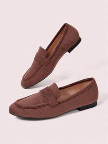 CUCCOO DOLLMOD Giày nữ mùa xuân thu màu nâu da lộn mờ, giày Penny Loafers cổ điển mũi tròn đế bệt phong cách Anh, xỏ chân đi làm - Cà phê nâu - Xem 5