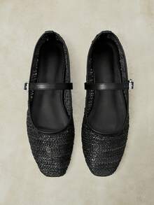 Styleloop Black Woven Mary Jane Shoes Women's Flat Bottom Breathable Hollow Buckle Belt Retro Shoes Fall Shoes - Black - View 1