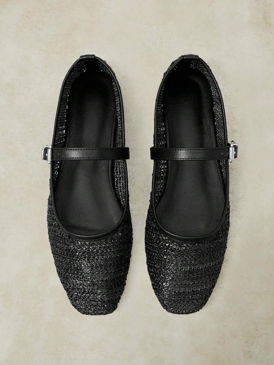 Styleloop Black Woven Mary Jane Shoes Women's Flat Bottom Breathable Hollow Buckle Belt Retro Shoes Fall Shoes - Black - View 1