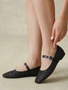 Styleloop Black Woven Mary Jane Shoes Women's Flat Bottom Breathable Hollow Buckle Belt Retro Shoes Fall Shoes - Black - View 9