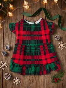 PETSIN 1pc Christmas Pet Red & Green Plaid Puff Sleeve Dress - Multicolor - View 4