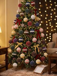 9Pcs 8cm Velvet Shatterproof Ornament Set Gold Bead Floral Pattern Christmas Tree Hanging Decorations For Holiday Party Home Winter Festival Xmas Decor. - multicolor - View 3
