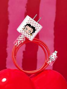 Betty Boop x SHEIN Cartoon Pattern Data Cable Protective Case, Suitable For IPhone Charger, Cute Cheese Pattern, 3-Piece Mobile Phone Data Cable Protective Case, Charger Protective Case (Excluding Data Cable) - Clear - View 1
