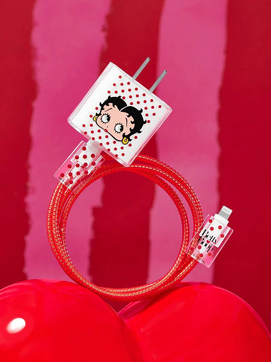 Betty Boop x SHEIN Cartoon Pattern Data Cable Protective Case, Suitable For IPhone Charger, Cute Cheese Pattern, 3-Piece Mobile Phone Data Cable Protective Case, Charger Protective Case (Excluding Data Cable) - Clear - View 1
