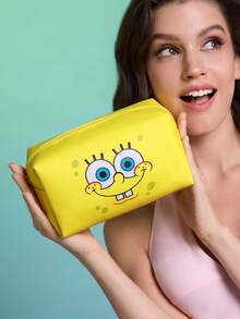 SpongeBob SquarePants | SHEIN PU皮革化妝包，印花拉鍊收納袋，彩妝收納包，多功能旅行盥洗包，可收納日常用品、文具及各種小雜物 - 黃色 - 查看 1