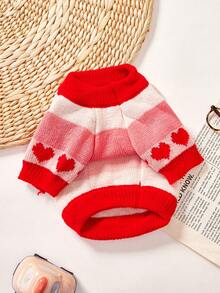 PETSIN 1pc Pet Sweater, Heart Gradient Jacquard Cat And Dog Universal Clothes, Autumn And Winter Warm Knitted Elastic Thread Sweater Pullover - Red and White - View 2