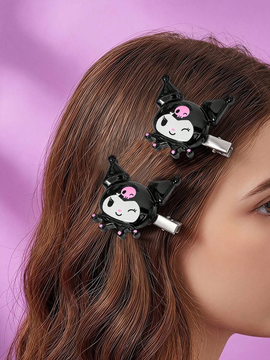 HELLO KITTY AND FRIENDS | Joivida 2入蝴蝶結貓頭樹脂髮夾，鋅合金鱷魚夾，女款側瀏海夾，甜美少女風髮飾髮夾，適合日常配戴與派對 - 黑色庫洛米 - 查看 1
