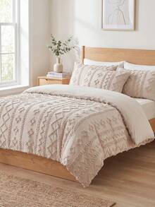 2/3Pcs Beige Bohemian Tufted Duvet Cover Set, Geometric Pattern Textured Bedding Set For All Seasons, Soft And Breathable Boho Decorative Duvet Cover, Queen, King (1 Duvet Cover + 1/2 Pillowcases, No Filler) - Beige - View 7