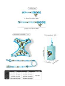 THE POWERPUFF GIRLS X SHEIN 通用卡通角色印花寵物散步四合一套裝，印花背心式胸背帶附牽繩、項圈與排泄物收納袋，適用狗與貓的戶外散步裝備，多種尺寸 - 藍色 - 查看 13