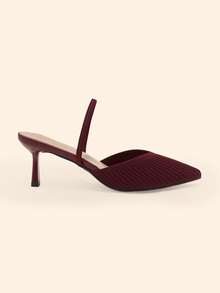 CUCCOO BASICS Women's Pointed Toe Burgundy Knit V-Neck Backless High Heel Pumps, Elegant Breathable Daily Commute Shoes - Burgundy - View 2