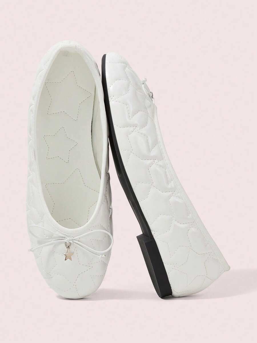 CUCCOO DOLLMOD White Rhombus Quilted Leather Small Bow Star Pendant Round Head Flat Bottom Ballet Single Shoes Gentle Commute Travel Daily Wear - White - View 1