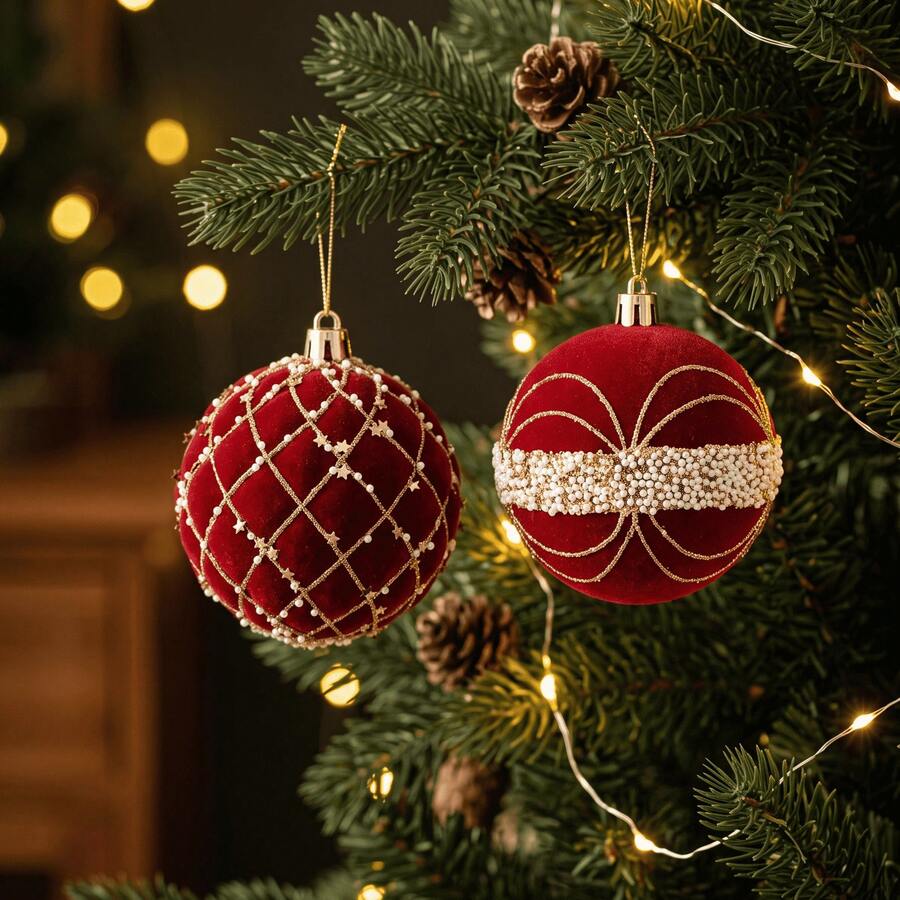 9Pcs 8cm Velvet Shatterproof Ornament Set Gold Bead Floral Pattern Christmas Tree Hanging Decorations For Holiday Party Home Winter Festival Xmas Decor. - multicolor - View 1