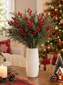 Cirelle 3/5pcs Artificial Christmas Red Berry Stems & Pine Needles | Faux Winter Berry Pine Picks For Holiday Home Decor, Vase Filler & Christmas Tree Decor - Multicolor - View 2