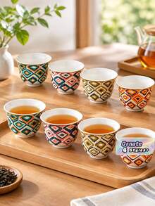 8pcs Bohemian Ikat Diamond & Zigzag Pattern Ceramic Tea Cup Set, Per Color Stackable Hand-Painted Mini Porcelain Mug, Suitable For Coffee, Kung Fu Tea, Home Gift - Multicolor - View 1