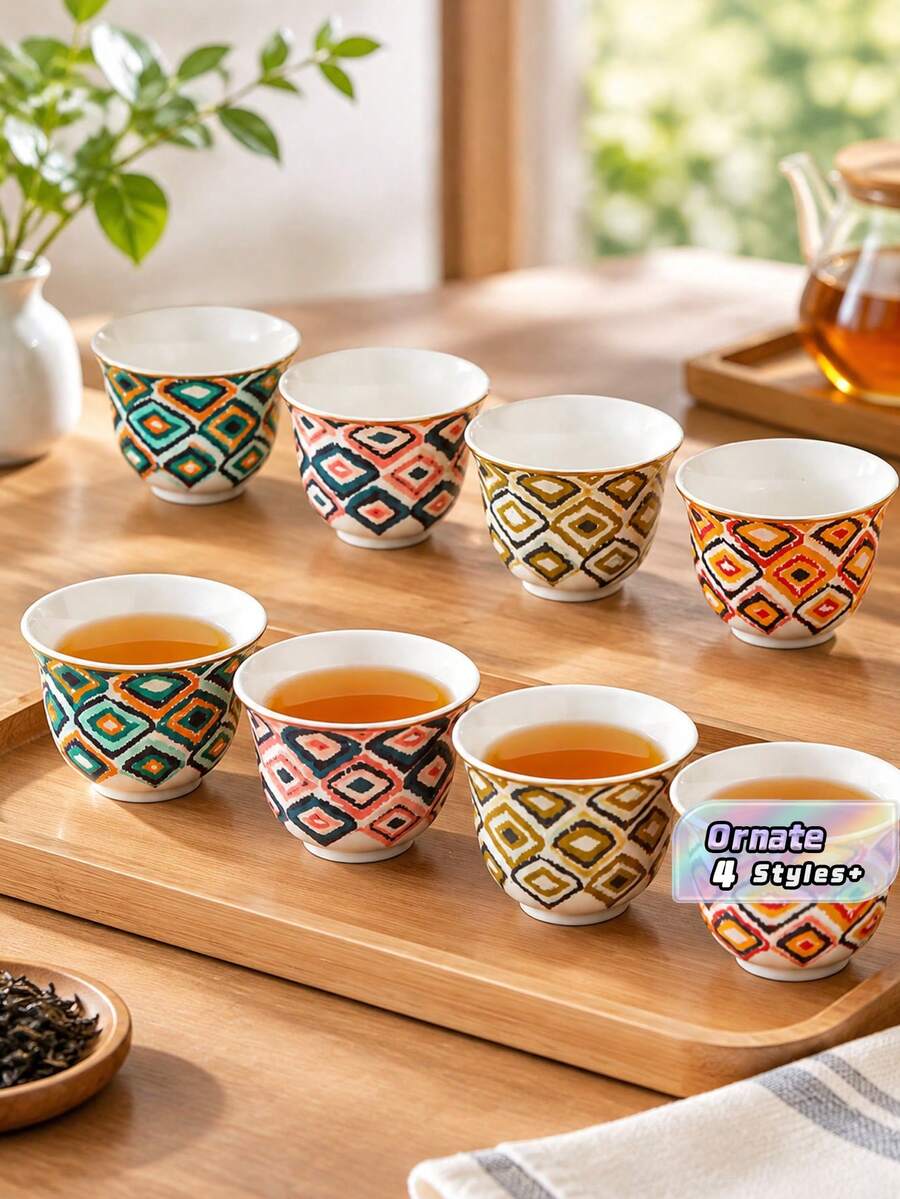 8pcs Bohemian Ikat Diamond & Zigzag Pattern Ceramic Tea Cup Set, Per Color Stackable Hand-Painted Mini Porcelain Mug, Suitable For Coffee, Kung Fu Tea, Home Gift - Multicolor - View 1