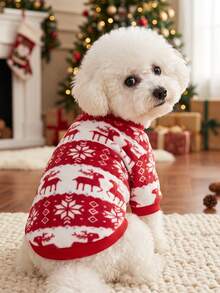 PETSIN 1 pieza Sudadera para mascotas con patrón de ciervo navideño & copos de nieve, franela - Multicolor - Ver 3