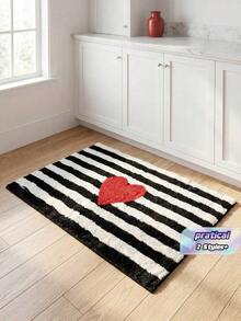 1pc Black & White Striped Heart Design Washable Soft Comfortable Bath Mat, Suitable For Decoration In Kitchen, Bathroom, Bedroom, And Entryway - A - View 1