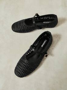 Styleloop Women's Fashion Square Toe Hollow Knitting Suitable For Daily Leisure Commuting Buckle Flat Shoes - Black - View 2
