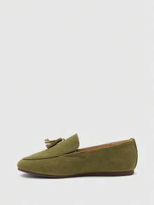 CUCCOO BIZCHIC Giày đi làm hàng ngày đa năng đế bằng không mỏi chân, da lộn nhám màu xanh matcha, dáng slouchy đính tua rua - Màu xanh Ô liu - Xem 4