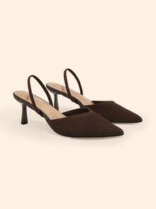 CUCCOO BASICS Women's Pointed Toe Coffee Brown Knitted V-Neck Elastic Band Backless High Heel Pumps, Elegant Breathable Daily Commute Shoes - dark coffee - View 3