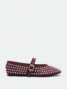 Maija Women's Rhinestone Buckle Shiny Flat Casual Shoes - Burgundy - View 2