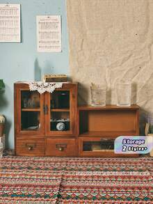1pc Nordic Retro Solid Wood Double Door Desktop Storage Cabinet With Drawers, Acrylic Display Cabinet For Cosmetics, Accessories, And Figurines - Multicolor - View 1