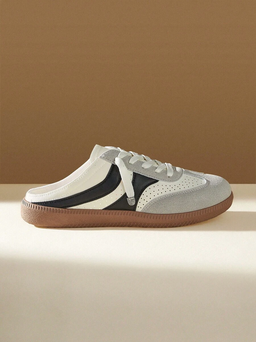 CUCCOO EASI Women's Lace-Up Breathable Design Round Toe Flat-Soled Shoes Comfortable Casual Style PU Artificial Leather Black And White Gray Color Matching - off-white - View 1