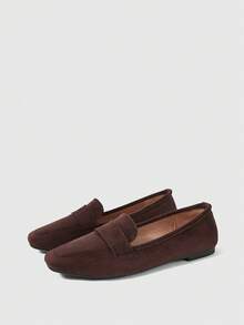 Sleekvia Sepatu flat wanita model baru, bahan suede imitasi, ujung persegi, desain tali, sederhana dan modis, kasual dan serbaguna. - Beludru Kopi - View 1