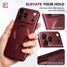 Teckwe 手機殼 - 新品上市奢華磨砂半透明磁吸手機殼，兼容 18 17 16 15 14 13 12 11 Pro Max Air，配備吸震框架與相機保護蓋，磨砂金屬質感，金屬漆耐磨，鏡頭保護軟框防震保護殼 - 酒紅色 - 查看 4