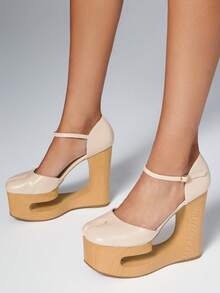 SHEIN Solezae 女款極簡金屬色交叉綁帶粗跟坡跟涼鞋 夏季鞋 - 米色 - 查看 2