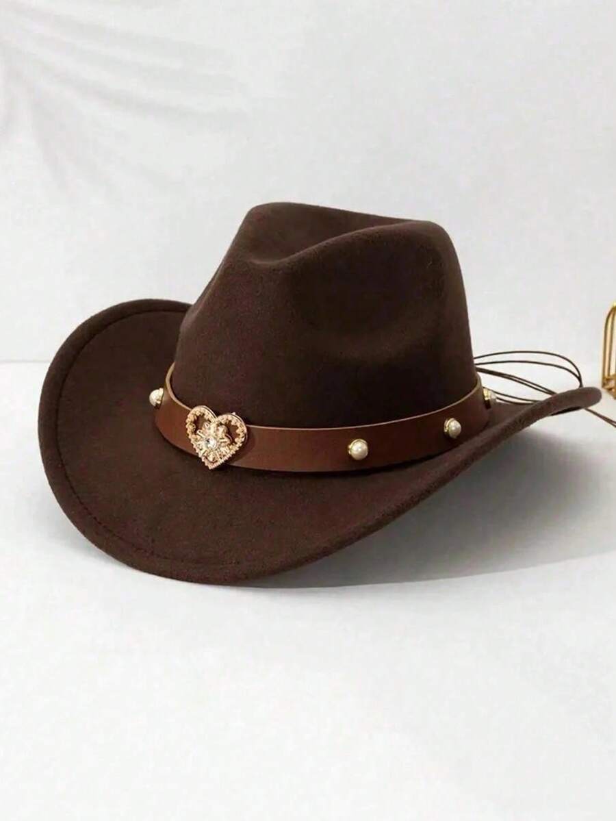Dealstrict Cowgirl Hat For Women With Detachable Heart Decor, Boho Sun Protection Hat - Brown - View 1