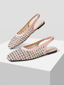 Mnmlis Women's New Fashion Woven Hollow Slip-On Flat Square Toe Loafers - Pink apricot - View 2