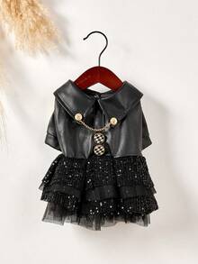 PETSIN 1pc Light Luxury Lapel PU Leather Pet Party Dress, Multi-Layer Mesh Sequin Star Puffy Dress, Small Dog, Cat, Dog Universal Clothes, Daily Wear For Birthdays, Weddings, Parties - Multicolor - View 18