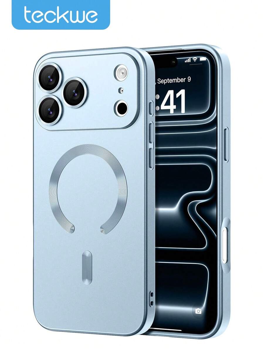 Teckwe 手機殼-新款奢華磨砂半透明磁吸手機殼,相容 iPhone 18 17 16 15 14 13 12 11 Pro Max Air,附防震框架與相機保護蓋,磨砂金屬質感,金屬漆耐磨,鏡頭保護軟框防震保護殼 - 淺藍色 - 查看 1